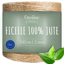 Ficelle Jute 300m 3mm - Corde Naturelle pour Jardinage, Bricolage, Mariage Champêtre, Attache Tomate et Ballons-Creative Deco Discount