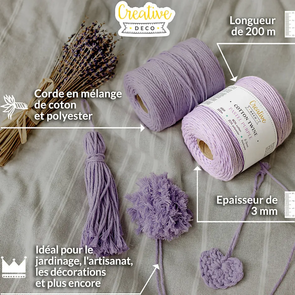 3mm x 200m Corde Macramé Violet Pastel - Fil de Coton et Polyester +/- 0.5 mm Épaisseur - 30 Plis - Ficelle Naturel^Creative Deco Discount