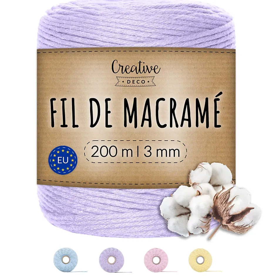 3mm x 200m Corde Macramé Violet Pastel - Fil de Coton et Polyester +/- 0.5 mm Épaisseur - 30 Plis - Ficelle Naturel^Creative Deco Discount