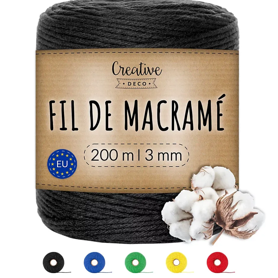 3mm x 200m Corde Macramé Noir - Fil de Coton et Polyester - +/- 0.5 mm Épaisseur - Decoration Jardinage Emballage-Creative Deco Clearance
