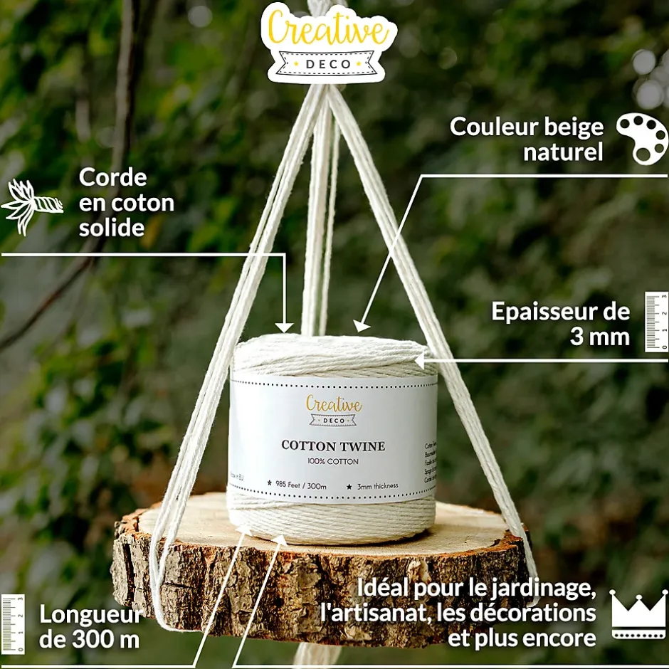3mm x 300m Corde Macramé Fil de Coton Beige - +/- 0,5 mm Épaisseur - Ficelle de 12 Plis - Cordelette Naturel^Creative Deco Hot