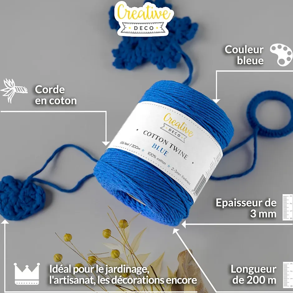 3mm x 200m Corde Macramé Bleu - Fil de Coton et Polyester - +/- 0.5 mm Épaisseur - Decoration Jardinage Emballage^Creative Deco Discount
