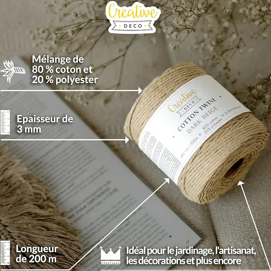 3mm x 200m Corde Macramé Fil de Coton Beige Foncé - +/- 0,5 mm Épaisseur - Ficelle de 23 Plis - Cordelette Naturel^Creative Deco Best