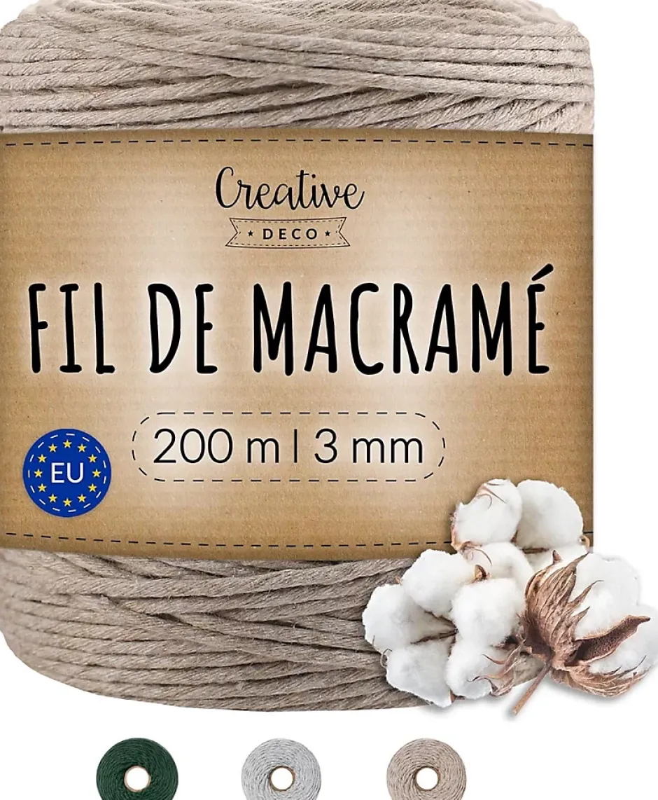 3mm x 200m Corde Macramé Fil de Coton Beige Foncé - +/- 0,5 mm Épaisseur - Ficelle de 23 Plis - Cordelette Naturel^Creative Deco Best