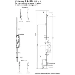 Crémone barillet axe 25mm longueur 2030mm ajustable haut et bas - - G-24534-20-L-1-Ferco New