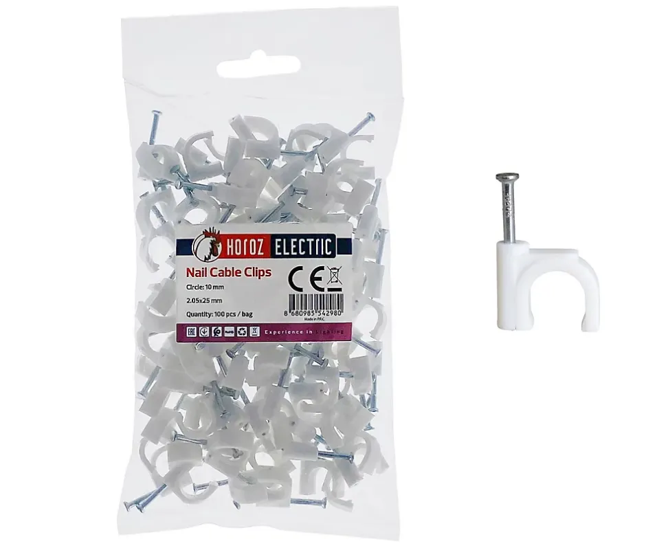 Crochets fixation / Clips de Câble ronds type FLOP fi 10 mm, blancs, boîte de 100 pcs-Horoz Electric Clearance