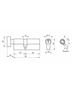Cylindre de serrure à bouton, 30Bx50mm, anti-arrachement, laiton, 3 clés --Thirard Best