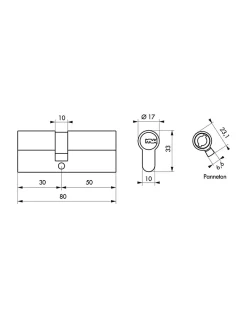 Cylindre de serrure double entrée T2, 30x50mm, nickel, anti-arrachement, anti-perçage, anti-crochetage, 5 clés -^Thirard Discount