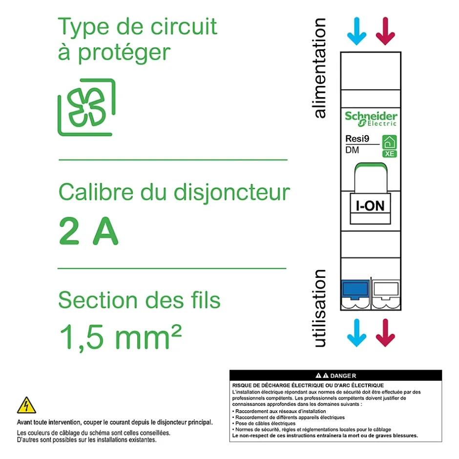 Disjoncteur embrochable courbe C phase + neutre 2A Resi9 XE^Schneider Electric New
