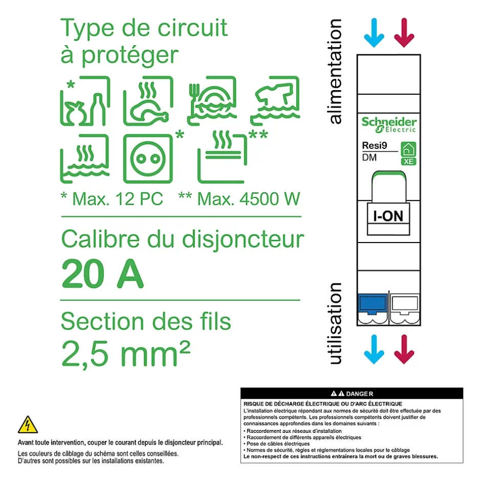 Disjoncteur embrochable courbe C phase + neutre 20A Resi9 XE^Schneider Electric Discount