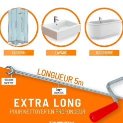 Spirale de nettoyage de tuyaux 5m de long et 9mm de diamètre pour tuyaux à partir de 40mm tête en forme de griffe de 20mm-Eberth