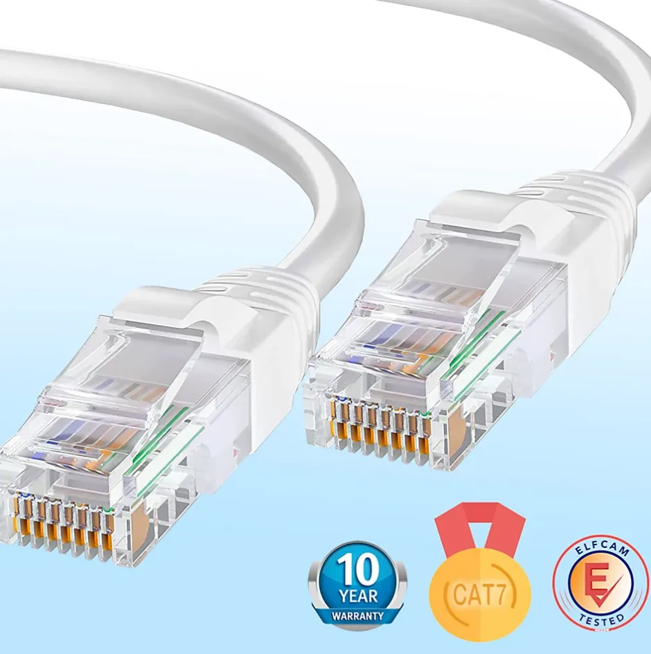 Elfcam - Câble Ethernet RJ45 Cat 7 SFTP 10m (Rond Blanc), 10Gbps, 600MHz, Cuivre, Anti-Interférences-Elfcam-shop Best