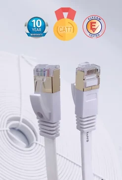 Elfcam - 20m Câble Ethernet RJ45 Cat7 Flat Blanc, 10Gbps 600MHz, Cuivre, SFTP, Anti-Bruit, PC, Modem, Routeur^Elfcam-shop Hot