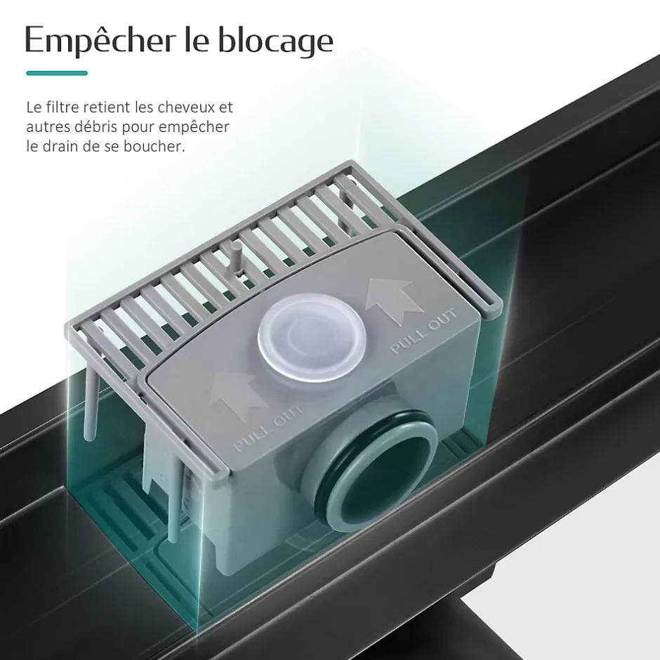 Caniveau de Douche 70 cm, Acier Inoxydable, Siphon de Sol 2 en 1 avec Filtre à Cheveux, Finition Noire-EMKE Best