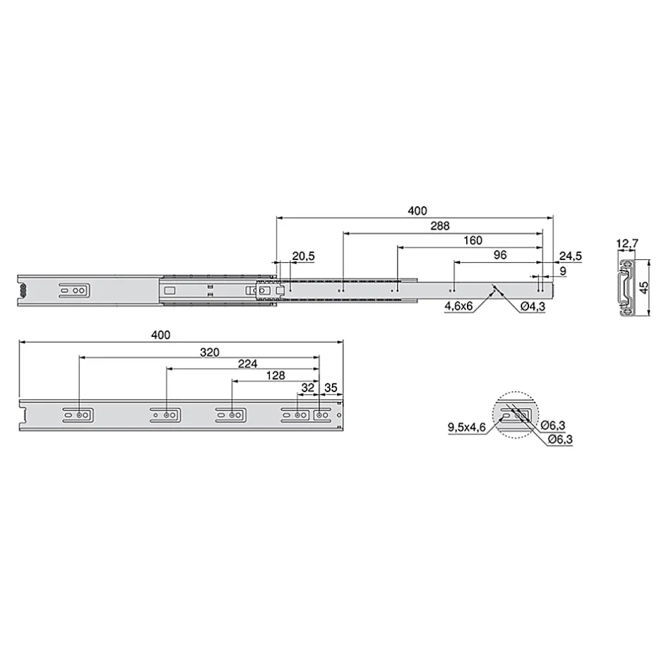 Emuca Jeu de coulisses à billes pour tiroir à sortie totale, hauteur 45mm, longueur 400mm, Acier, Zingué^ Discount