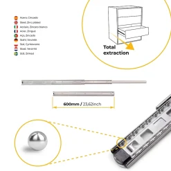 Emuca Jeu de coulisses à billes pour tiroir à sortie totale, hauteur 45mm, longueur 600mm, Acier, Zingué- Online
