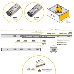 Emuca Jeu de coulisses à billes pour tiroirs à sortie totale, fermeture amortie, hauteur45mm, longueur 550mm, Acier, Zingué- Hot