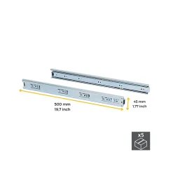 Emuca Lot de 5 jeux de glissières de tiroirs, roulement à billes, hauteur 45mm, profondeur 500mm, sortie totale, zingué^ New