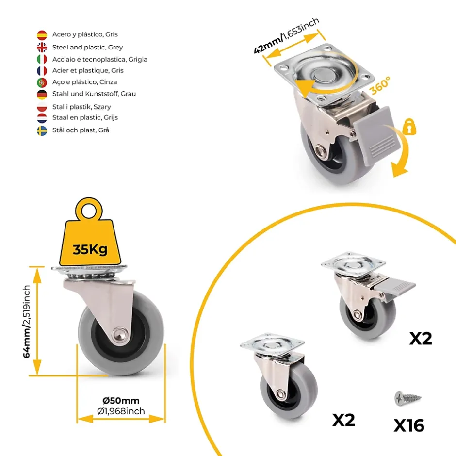 Lot de 4 roulettes Slip avec plétine de montage, diamètre 50mm, Acier et Plastique, Gris Plastique-Emuca Clearance