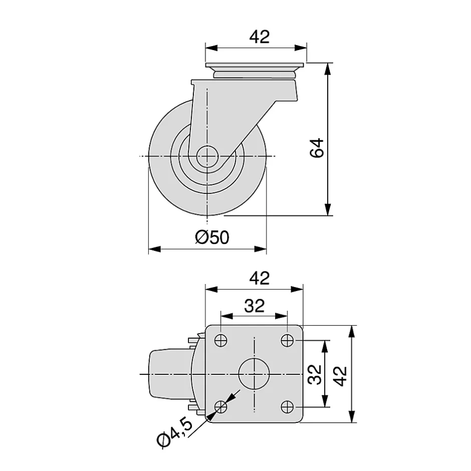 Lot de 4 roulettes Slip avec plétine de montage, diamètre 50mm, Acier et Plastique, Gris Plastique-Emuca Clearance