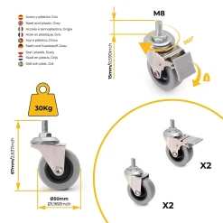 Lot de 4 roulettes Slip gris-noir avec boulon, diamètre 50mm, Acier et Plastique, Gris Plastique^Emuca Hot