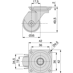 Lot de 4 roulettes transparentes Slip 3 avec plétine de montage, diamètre 35mm, Acier et Plastique-Emuca New