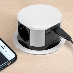 Multiconnecteur Vertikal Push diamètre 100mm, 3 prises de type Schuko, 1 USB type A, 1 USB type C, Acier et Plastique, Peint-Emuca Hot