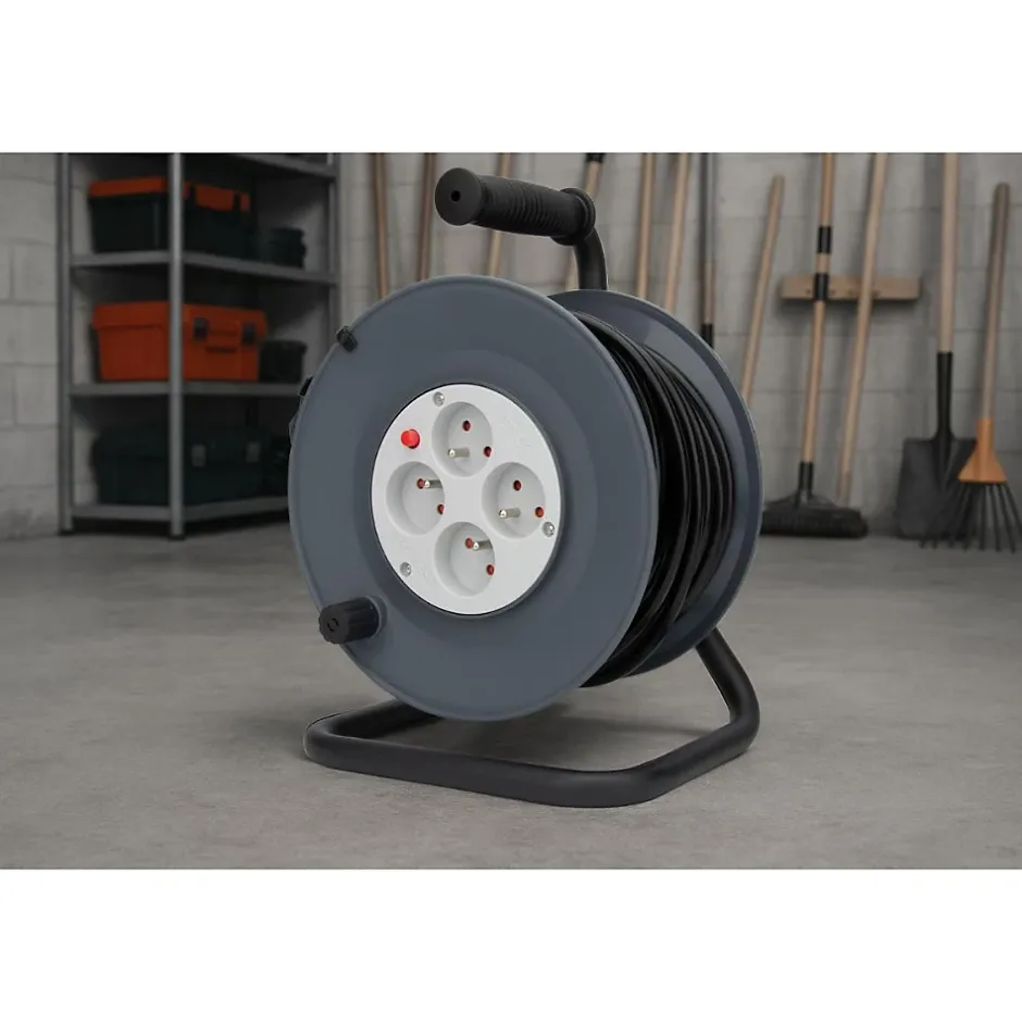 Enrouleur 4 prises 40m + coupe-circuit + support^Zenitech New