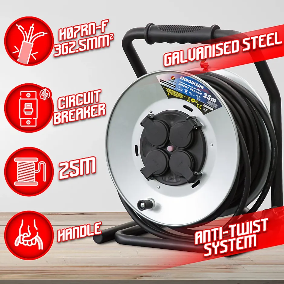 Enrouleur 4 prises-h07rn-3g2.5MM²-25M - Acier galvanisé --I-Watts Pro Best