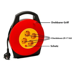 Enrouleur de câble domestique 4 prises Schuko standards, câble H05VV-F3G1.0MM2, 10M ,CE^Velamp New