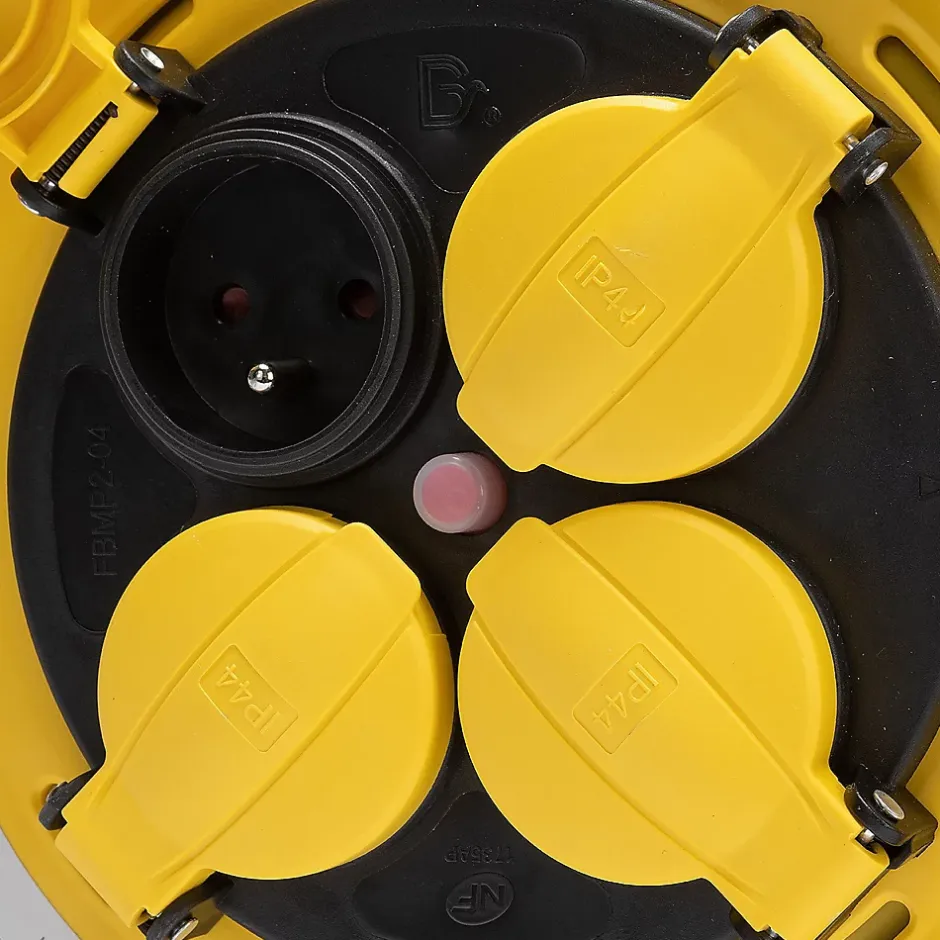 Enrouleur de chantier, 4 prises, 3G2.5, 25 mètres , NF, IP44. Platine fixe et guide cable^Velamp Online