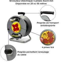 Enrouleur électrique 4 prises 16 A - IP20 - câble H05VV-F 3G 2,5 mm² 50 m^Monmobilierdesign Online
