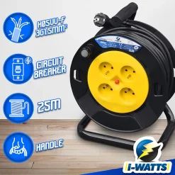Enrouleur électrique 25m - 4 prises, Protection Enfant, Câble H05VV-F 3G1.5mm²^I-Watts Pro Sale