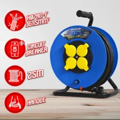 Enrouleur électrique 25m 4 prises IP44 - Cable h07en-3g1.5mm²-25m - 3200W déroulé-I-Watts Pro New