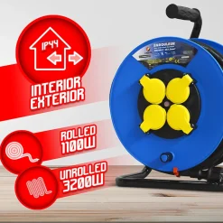 Enrouleur électrique 25m 4 prises IP44 - Cable h07en-3g1.5mm²-25m - 3200W déroulé-I-Watts Pro New