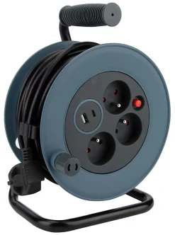 Enrouleur 12m 3 prises + 2USB - gris --Zenitech Outlet