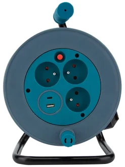 Enrouleur 12m 3 prises + 2USB - bleu --Zenitech Hot