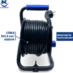 Enrouleur 25M 3G1.5 IP20 avec 4 Prises à Clapet, Robuste et Idéal pour Usage Intensif en Intérieur-Keli France Discount