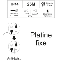 Enrouleur PRO de chantier 3G2.5 25m IP44 platine fixe (anti twist) - câble H07RN-F- 4 prises 16A - garantie 2 ans-Arcotec Hot