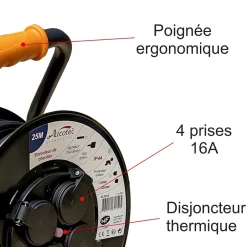 Enrouleur PRO de chantier 3G2.5 25m IP44 platine fixe (anti twist) - câble H07RN-F- 4 prises 16A - garantie 2 ans-Arcotec Hot