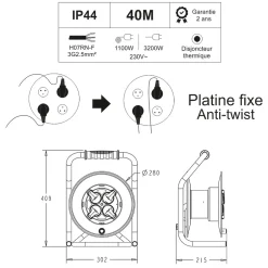 Enrouleur PRO de chantier 3G2.5 40m IP44 platine fixe (anti twist) - câble H07RN-F- 4 prises 16A - garantie 2 ans^Arcotec Discount