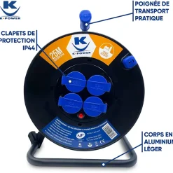 Enrouleur Pro 25M 3G2.5 IP44 avec 4 Prises à Clapet pour Usage Intensif en Intérieur & Extérieur^Keli France Best