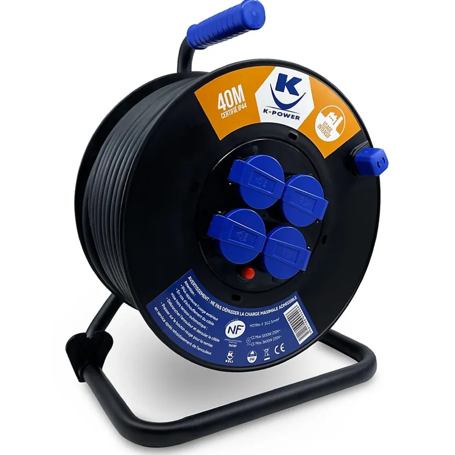 Enrouleur Pro 40M 3G2.5 IP44 avec 4 Prises à Clapet pour Usage Intensif en Intérieur & Extérieur^Keli France Discount