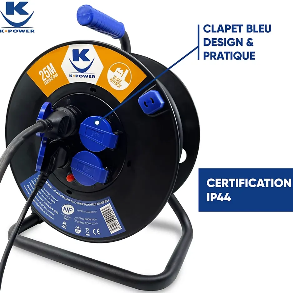Enrouleur Pro 40M 3G2.5 IP44 avec 4 Prises à Clapet pour Usage Intensif en Intérieur & Extérieur^Keli France Discount