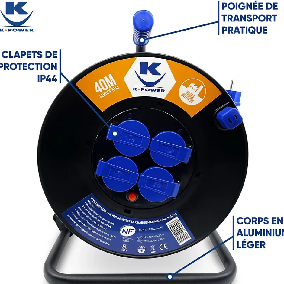 Enrouleur Pro 40M 3G2.5 IP44 avec 4 Prises à Clapet pour Usage Intensif en Intérieur & Extérieur^Keli France Discount