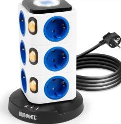 ET12L Tour multiprise 12 prises 3680W 13A 3x USB-A Veilleuse tactile Câble 1,8m Parasurtenseur protection surtension-Duronic Clearance