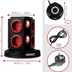 ET8W Tour multiprise 8 prises 3680W 13A 3x USB recharge sans fil Câble 1,8m Parasurtenseur protection surtension^Duronic Best