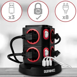 ET8W Tour multiprise 8 prises 3680W 13A 3x USB recharge sans fil Câble 1,8m Parasurtenseur protection surtension^Duronic Best