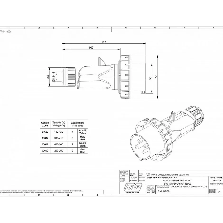 Fiche Mobile Male Triphasé 16a 3p+t 380v - 4 Broches - étanche Ip67 -^Ide