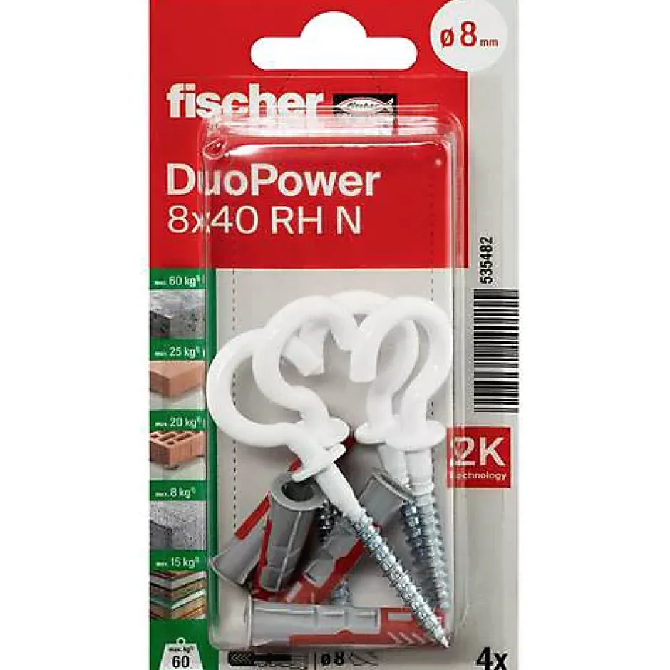 fischer DuoPower 535482 - Chevilles bimatière 8 x 40 mm avec crochets ronds (4 pièces)-O91